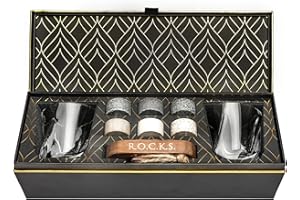 ROCKS WHISKEY CHILLING STONES Set de Regalo de Piedras Refrigerantes para Whisky - 6 Piedras de Granito, Hechas a Mano - 2 Vasos de Cristal Elegante Bandeja de Madera Noble - Caja de Regalo Adornada con Oro