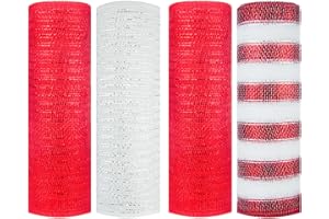 ESINO Mesh Ribbon- Deco Mesh Wreath Supplies- Metallic Foil Red and White Deco Mesh 10 Inch- Christmas Mesh for Wreath Making, Bows, DIY, Swags- 4 Pack
