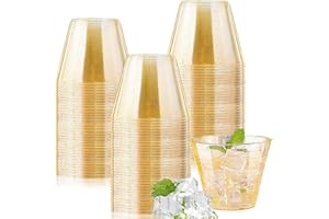 mauepersu Lot De 50 Gobelets En Avec Bord Dorée, 250 ml, Réutilisables, élégants, Verres à vin, Pour Champagne, Bière, Cocktail, Martini, Soda, Dessert (8.7 x 7cm) (Glitzer Or)