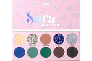 KRASH KOSMETICS Paleta de Sombras Sara - 10 Sombras Ultra Pigmentadas de Larga Duración Mate Shimmer Glitter - Color Nude Turquesa Aguamarina Azul Oscuro - Incluye Espejo - Vegano y Cruelty Free