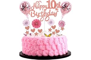 CNROSE Happy 10th Birthday Tortendeko 10 Jahre Mädchen Rosa Tortendeko 10. Geburtstag Mädchen Rosegold Mit Herz Stern Ballon Glitter Cake Topper für 10. Geburtstag