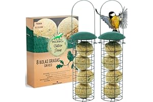 Mice&Co Comedero Pájaros Bolas de Grasa Exterior - Alimentador Aves Silvestres Colgante Recargable para Jardín con Bolas Sebo | Pack Completo