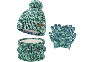 BEQUEMER LADEN Kinder Winter Pompom Mütze Loop Schal Handschuhe Set, Wintermütze Fäustlinge für 0-4 Jahre Baby Kleinkinder, Strickmütze Touchscreen Handschuhe für 5-8 Jahre Mädchen Jungen