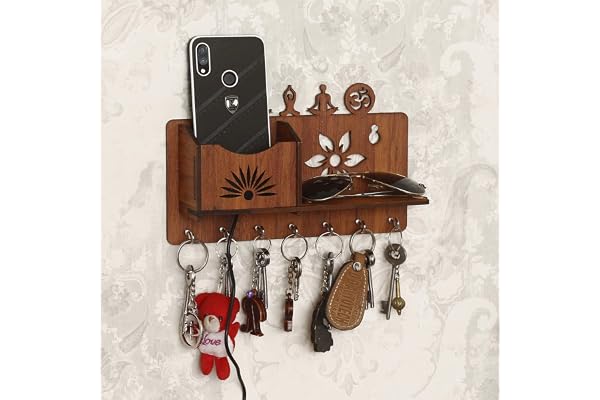 CAPIO ART Wooden Key Holder for Home Decor Stylish Key Hangers for Wall Decorative Key Stand for Wall Key Chain Holder with Mobile Stand 7 Hooks & Shelf, 10" by 6" Office Key Holder Brown
