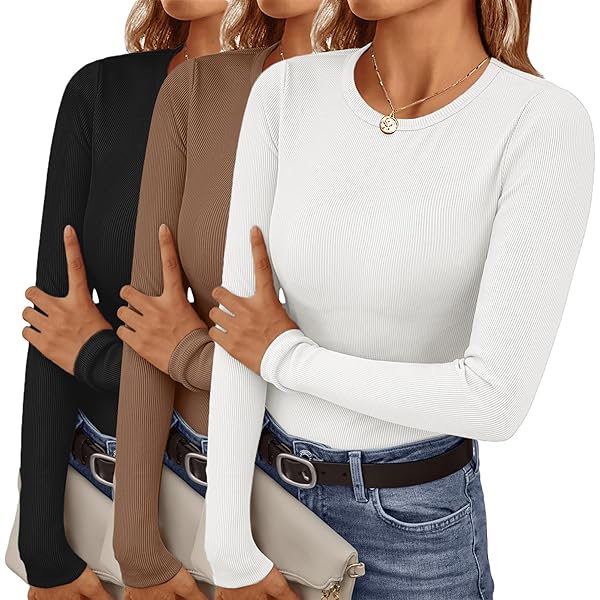 Ekouaer Shirt met lange mouwen voor dames, 3 stuks, ronde hals, nauwsluitend, sexy thermo-bovenstuk, basic top, warm sweatshirt, onderhemd, XS-XXL, M
