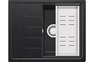 PRIMAGRAN Fregadero Cocina Grafito 62x50cm, Granito 1 Seno + Sifón, Sobre encimera al mueble 40cm - Milano S084