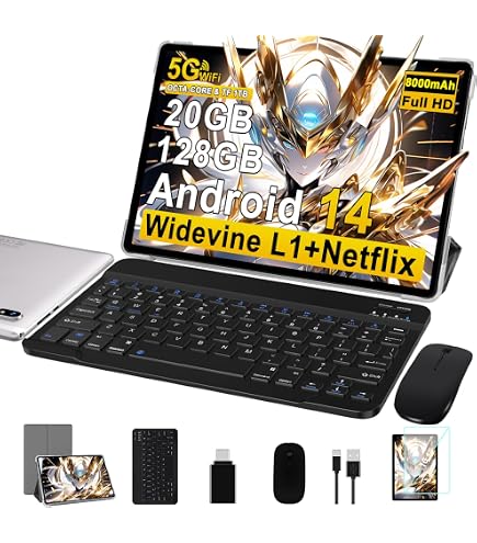 Tablette Android 14 – 10 Pouces IPS, 20 Go RAM, 128 Go ROM (extensible 1 To) – Octa-Core, WiFi 6, Bluetooth 5.0 – Avec Clavier, Souris, étui – Batterie 6000 MAh