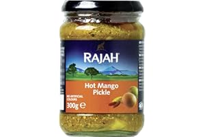 ‎RAJAH Rajah Hot Mango Pickle – Scharf eingelegte Mangos – Ideal als Begleitung zu Curry, Fleisch, Käse, Poppadums & Vorspeisen – 3 x 300 g