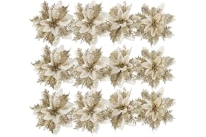 Toddmomy 24 Pezzi Decorazioni Natalizie Poinsettia Glitter Fiori di Natale Artificiali per Ornamenti Albero di Natale (Dorato)