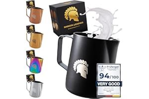 Barista Legends® - Bricco per latte in acciaio inox nero opaco, 600 ml, con beccuccio speciale per una perfetta schiuma di latte, rivestimento in teflon (nero, 600 ml)