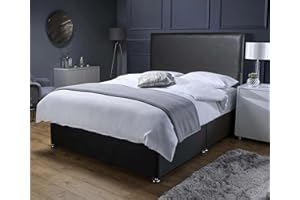 Savako Premium - Black Leather Divan Bed with Memory Foam Mattress and Headboard with Chrome Feet - (4ft Small Double - 120cm x 190cm)