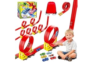 EKXXHVLS Circuit Voiture Enfant 5M, Piste de Course pour Voiture Double, Circuit Flexible Voies avec 6 Voiture, Piste de Voiture Enroulable avec Sac de Rangement Ventouse Cadeau pour Garçons Filles(Rouge)