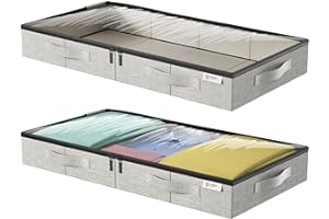 YEARNINGHOME Underbed Storage Bags, Under Bed Storage Box with Reinforced Handle and Lid, Sturdy Sidewalls/Bottom for Clothes, Duvets, Comforters, Blanket, Bedding Thick Fabric with Clear Window, 2Pack