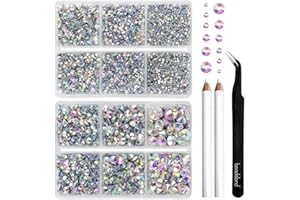 BEADSLAND Strass Hotfix, 6080PCS Strass AB Thermocollant pour Vetement Mixte 6 Tailles avec Crayon de Cire et Kit Pince à Épiler, SS6-SS30,Cristal AB