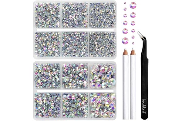 BEADSLAND Strass Hotfix, 6080PCS Strass AB Thermocollant pour Vetement Mixte 6 Tailles avec Crayon de Cire et Kit Pince à Épiler, SS6-SS30,Cristal AB