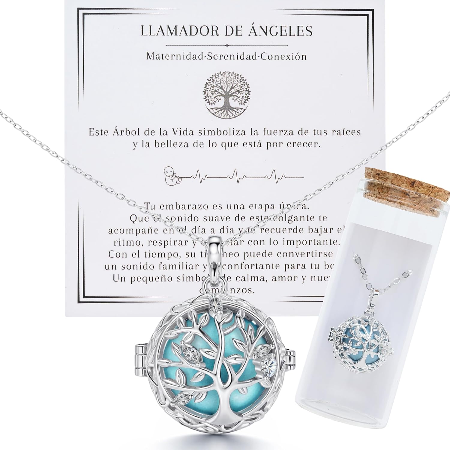 MOMENTUM Llamador de Angeles Embarazada - Dulce sonido - Presentación Premium - Collar meditación Arbol de la Vida - Regalo Original