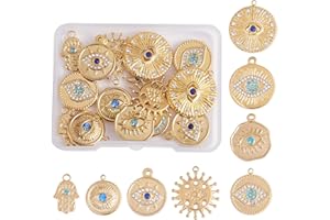 COGCHARGER 16 Pieza, Abalorios de Mal de Ojo, 304 Colgantes de Diamantes de Imitación de Mano de Hamsa Redondos de Acero Inoxidable para Fabricación de Joyas DIY