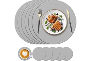 KERYCHIN Round Silicone Place Mats and Coasters Set, Heat-Resistant 450 °F, Non-Slip and Waterproof, Decoration Accessories for Kitchen Dining Table Home Restaurant, 12 Pieces, Light Grey