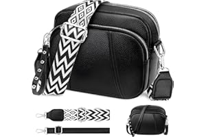 JUYANO Crossbody Bag damska szeroki pasek, skórzana torba na ramię, mała torba na ramię, modna, mała torba na ramię z 3 kieszeniami na zamek błyskawiczny, 2 zdejmowane paski na ramię