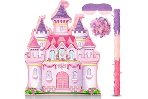 THREAN Pinata a Forma di Castello da Principessa Set di Pignatta per Festa per Ragazza Include Pignatta di Castello Rosa Bastone e Benda per Occhi Decorazioni per Compleanno, 41 x 34 x 8 cm