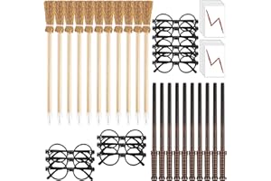 GÉNÉRIQUE Elepl 48 Pièces Crayons de Baguette Magique et de Balai Ensemble avec Magiciens Lunettes et Tatouages Foudre pour Soirée Magique Décor d'halloween Cadeau Fête Récompenses Scolaires