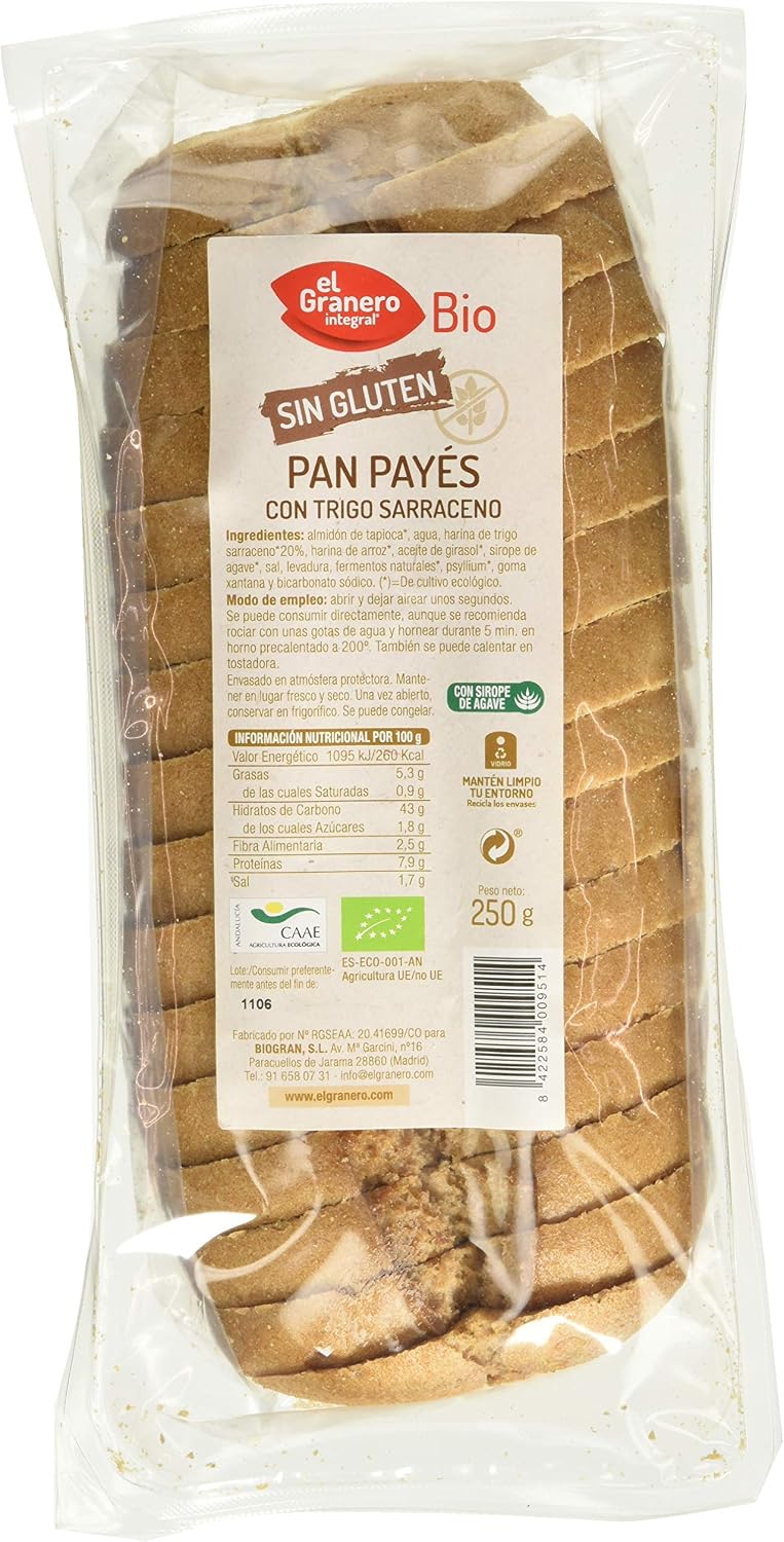 El Granero Integral - Pan Payés con Trigo Sarraceno Sin Gluten BIO - 250 g - Alto Contenido en Proteínas y Minerales - Apto para Veganos y Celíacos - Alimento Natural