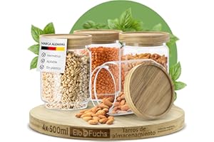ElbFuchs® Juego de tarros de almacenamiento con tapa de 500 ml (4 piezas) de vidrio de borosilicato, tarros de almacenamiento herméticos, tarros de almacenamiento de vidrio para especias y alimentos
