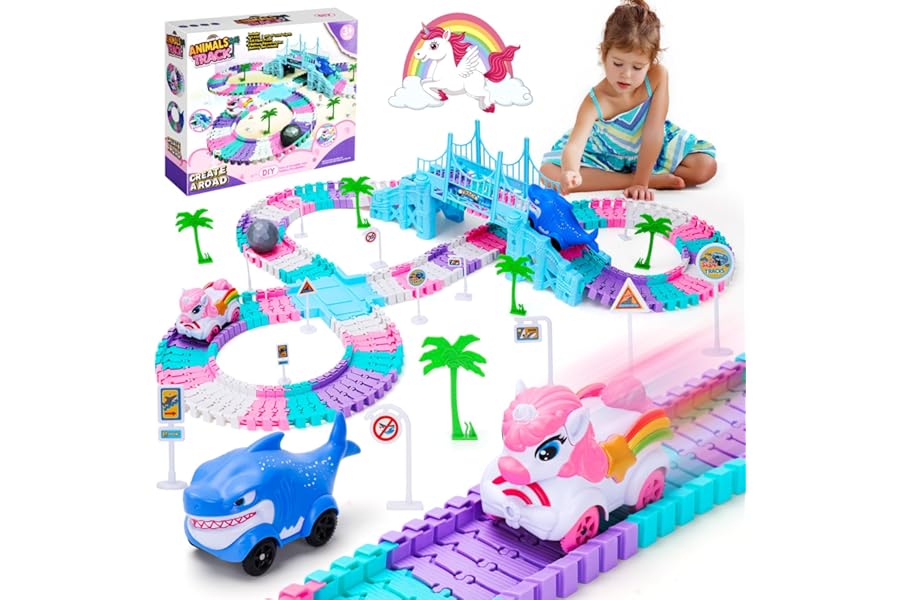 Race Track Toys for 3 4 5 Year Old Girls: Shark & Unicorn Gifts for Girls Kids Toys Age 4 5 6, Car Track Construction Toy Birthday Present for 3-9 Year Old Girl Gifts (194PCS)