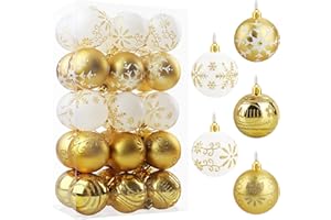 FIMUN Bolas Arbol de Navidad 6cm 30 Piezas, Bolas de Navidad Adornos Arbol Navidad Plástico Grandes con Cuerda, Adornos Navideños Arbol para Decoracion Navidad Hogar Interior y Exterior Doradas y Blancas