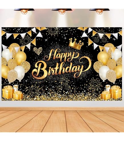Joyeux Anniversaire Banderole Or Noir, 180Cm X 110Cm, Toile De Fond