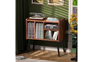 UODERS Record Player Table, Mid-Century Record Player Stand with Vinyl Storage Hold Up to 150+ Albums, Vinyl Record Cabinet with Adjustable Shelves, Wood Turntable Stand for Music Living Room (Brown)