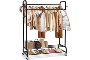 ANSTEEP Metal Clothes Rack on Wheels, Heavy Duty Clothing Rail with Double Hanging Rails, Black Clothes Hanger Stand With 4 Side Hooks and 2-Tier Lower Storage Shelf for Bedroom Home
