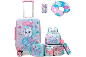 HTgroce 5 Piezas Maleta Infantil con Mochila, Gato Maleta de Viaje Infantil con Almohada para Cuello, Etiqueta de Equipaje, Maleta niña con Ruedas Universales