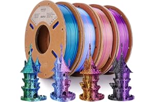 Eryone Jedwabisty dwukolorowy filament PLA, druk 3D, 1,75 mm, +/-0,03 mm, błyszczący, 0,25 kg/szt., 4 szt., niebieski/zielony, różowoczerwony/jasnoniebieski, czarny/fioletowy, fioletowy/złoty