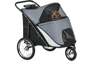 PawHut Hundewagen Hundebuggy mit Netzfenstern, Klappbarer Katzenwagen mit Sicherheitsleine, große Gummiräder für Mittelgroße, Große Hunde bis 30 kg, Oxford, Grau