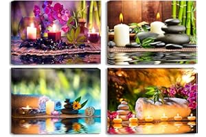 Piy Painting Impression sur Toile Bougies, bambou et pierre Impression Contemporain sur Toile 30cmx40cm X 4 Pièces