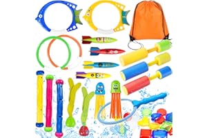Yetech 28pcs Jouet de Plongée, Anneaux de Plongée, Torpedo Bandits, Filet de Pêche, Sac de Rangement, Pistolet à Eau, Jeux pour Enfant