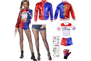 WELLCHY Quinn Kostüme für Erwachsene, Quinn Kostüm Cosplay Costume Set Quinn Tattoo Joker, Jacke, Shorts, T-Shirt, Handschuh, Netzstrümpfe für Karneval Halloween Cosplay