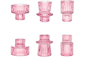 Toptime Candle Holders Set of 6, Glass Candlestick Holders Pinstripe Pattern, Reversible Tealight & Taper Candle Holders, Pink Crystal Tea Light Candle Holders for Wedding Dinner Party Festival