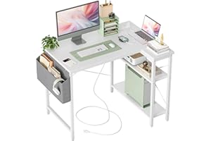 ‎BEXEVUE BEXEVUE Schreibtisch L-Form, 100 x 70 cm, platzsparender Computertisch mit Steckdosen und Seitentaschen, für Büro und Homeoffice Tisch, einfach zu montieren, Weiß