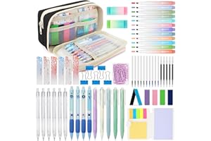 ESSALOO 63 Pezzi Forniture Scolastiche con Astuccio, 12 Evidenziatori Pastello, 5 Penne Gel, 4 Penna Cancellabile, 6 Portamine, Set di Cancelleria Estetica Estetici per Studenti, Nero