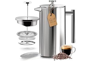 KICHLY Cafetière à piston en acier inoxydable - Machine à expresso et à thé portable avec triple filtre - Verre résistant à la chaleur avec piston en acier - 12Oz (0,35 Liter) - argenté