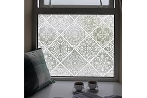 DKTIE Boho Style Stained Glass Window Film with Installation Tools, Waterproof Window Privacy Film for Bathroom Bedroom Kitchen (B110-white, 17.7" x 78.7")