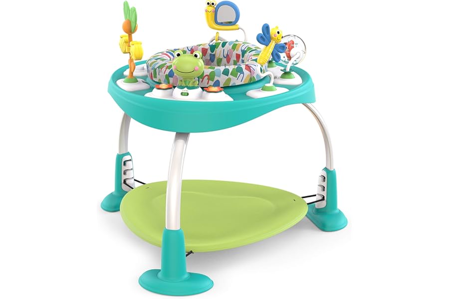 Bright Starts, Bounce Bounce Baby 2-in-1 Activity Seat Jumper and Standing Play Table - Playful Pond with 7 Interactive Toys, Adjustable Height, Storage Bag, 360° Rotation, Ages 6 Months +, Green