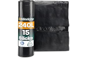 Hinrichs Müllsäcke 240L extra Stark - 15er Rolle - 100x125 cm - Extrem reißfeste Müllbeutel - Mülltüten aus Recycling LDPE - Schwarze Säcke - Abfallsäcke für Garten, Haushalt & Baustelle
