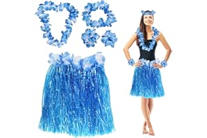 Toyhood 5Pcs Hawaiian Hula Grass Skirt Set, Hawaiian Fancy Dress Grass Skirts with Flowers Garlands Bracelet Headband Necklace Colorful Set, Tropical Luau Party Decorations, for Summer Beach Party