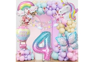 LAISLLA Einhorn Geburtstagsdeko Mädchen, 4 Jahre Schmetterling Geburtstag Deko, Einhorn Deko Kindergeburtstag, 1-10 Jahre Happy Birthday Deko, Einhorn Luftballons für 4. Geburtstag Mädchen Deko