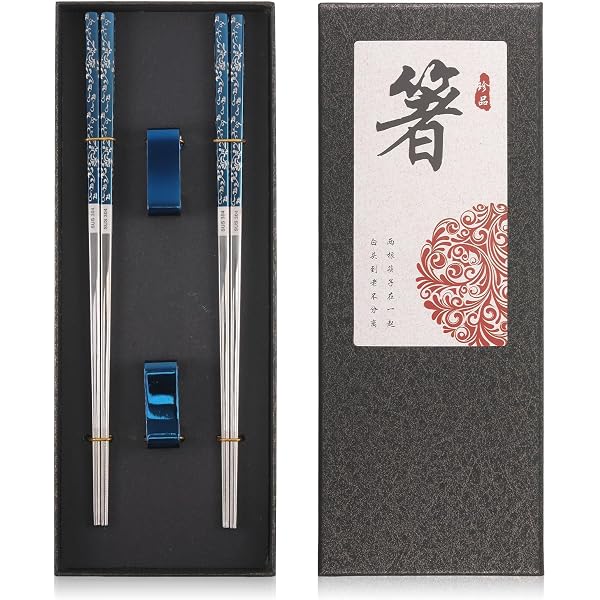 Ceramic Chopsticks Set With Holder - 2 Pairs Blue Rose Design, Porcelain, Dishwasher Safe, Reusable
