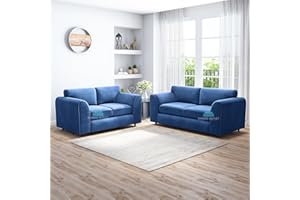 Gamzo Outlet (3+2) Full Back Plush Fabric Sofa Comfortable Soft Elegant Living Room Accessory for Large Spacious Area (Blue, 3 + 2 Seater Sofa)