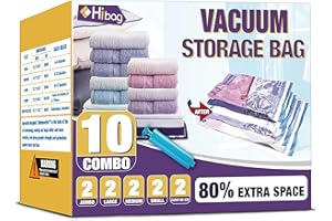 HIBAG Space Saver Bags Vacuum Storage Bags, 10Pack Vacuum Bags, Zipper, Polypropylene (2 Jumbo, 2 Large, 2 Medium, 2 Small, 2 Roll-Up) With Pump (10-Combo)